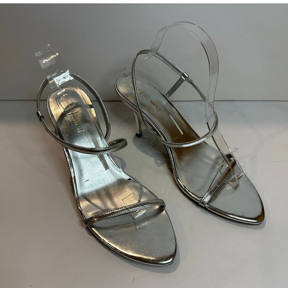 Nine West Cakely Stiletto Heel Strappy Sandals Silver Women’s Size 9.5 NWOB